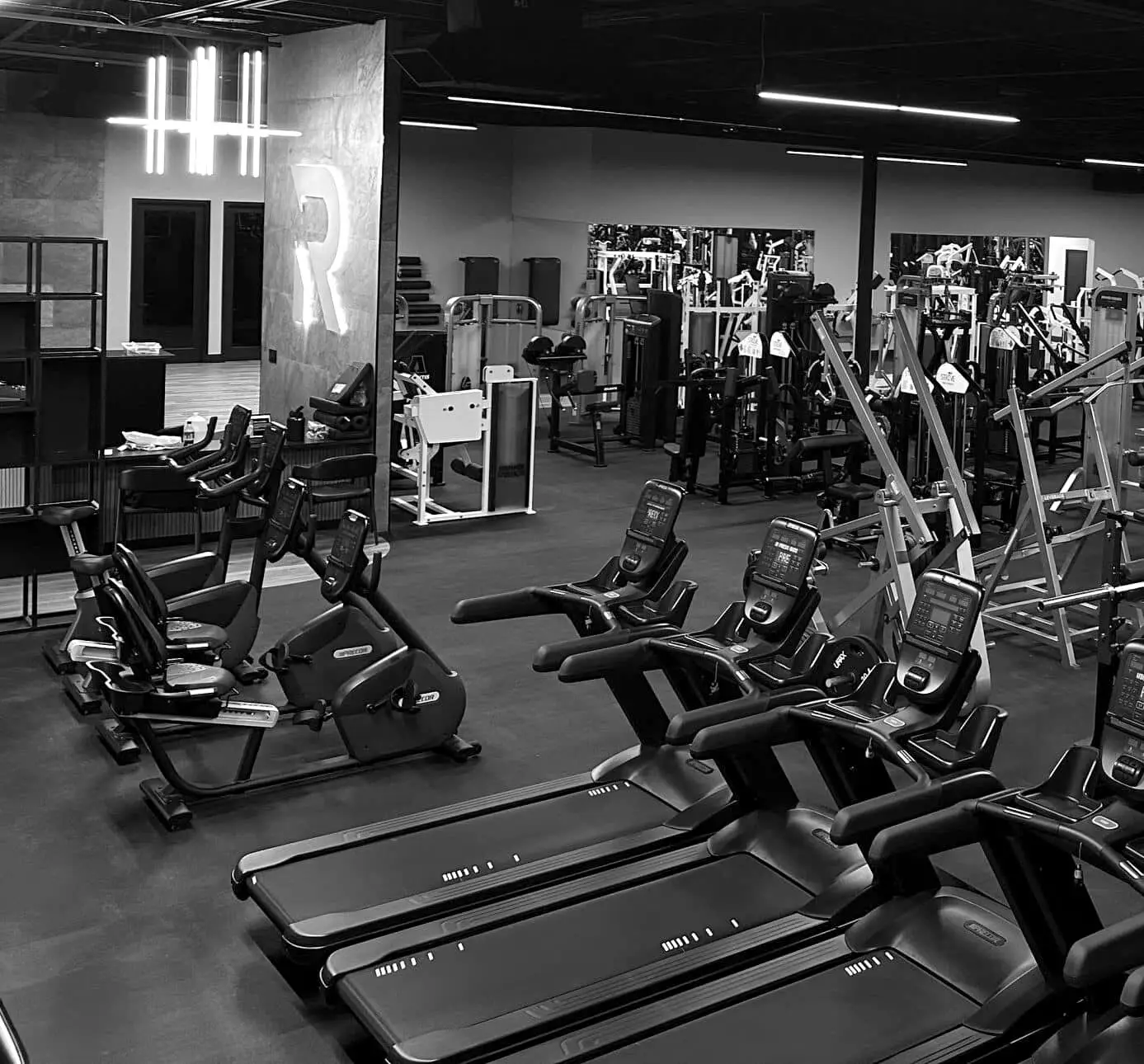 The Rhein Athletic Club cardio deck, treadmills and ellipticals lined up beneath a backlit R logo.